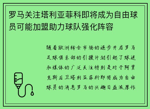 罗马关注塔利亚菲科即将成为自由球员可能加盟助力球队强化阵容