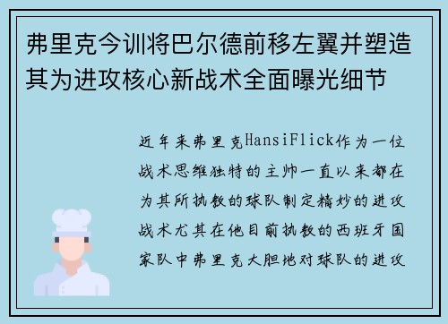 弗里克今训将巴尔德前移左翼并塑造其为进攻核心新战术全面曝光细节 弗里克今训将巴尔德前移左翼并塑造其为进攻核心新战术全面曝光细节
